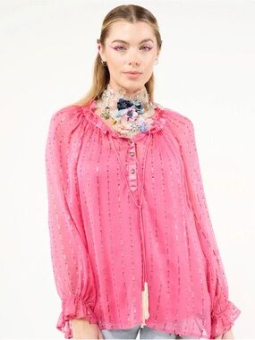 Aratta Maven Women’s Pink Sheer Ruffle-Neck Blouse $124 msrp